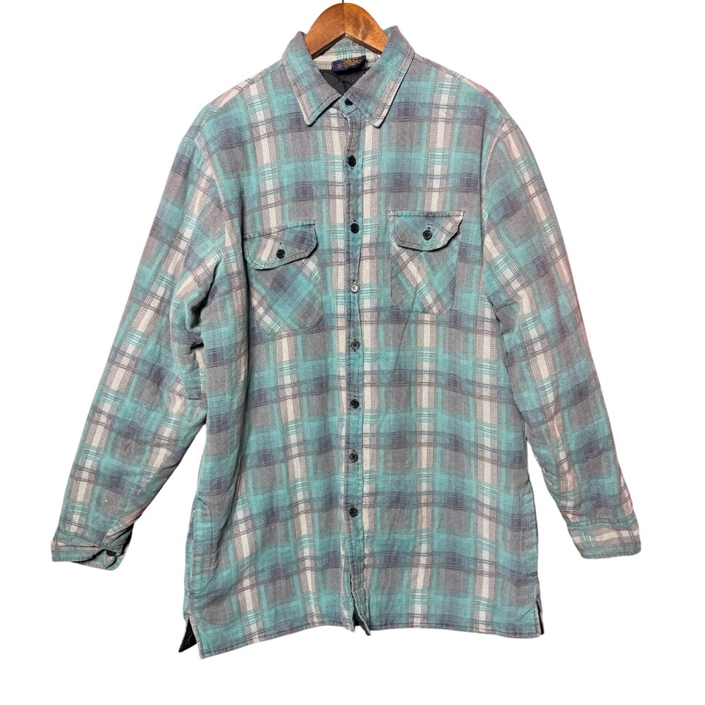 Vintage‎ Woodland Men Green Plaid Flannel Button Up Long Sleeve Pocket Tee Shirt